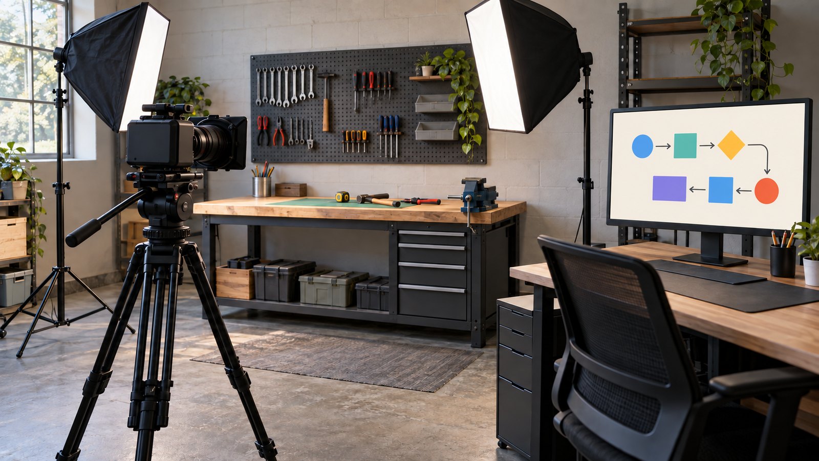 A camera and lights set up in a corner of a workshop, with a step-by-step diagram on a monitor at the next desk