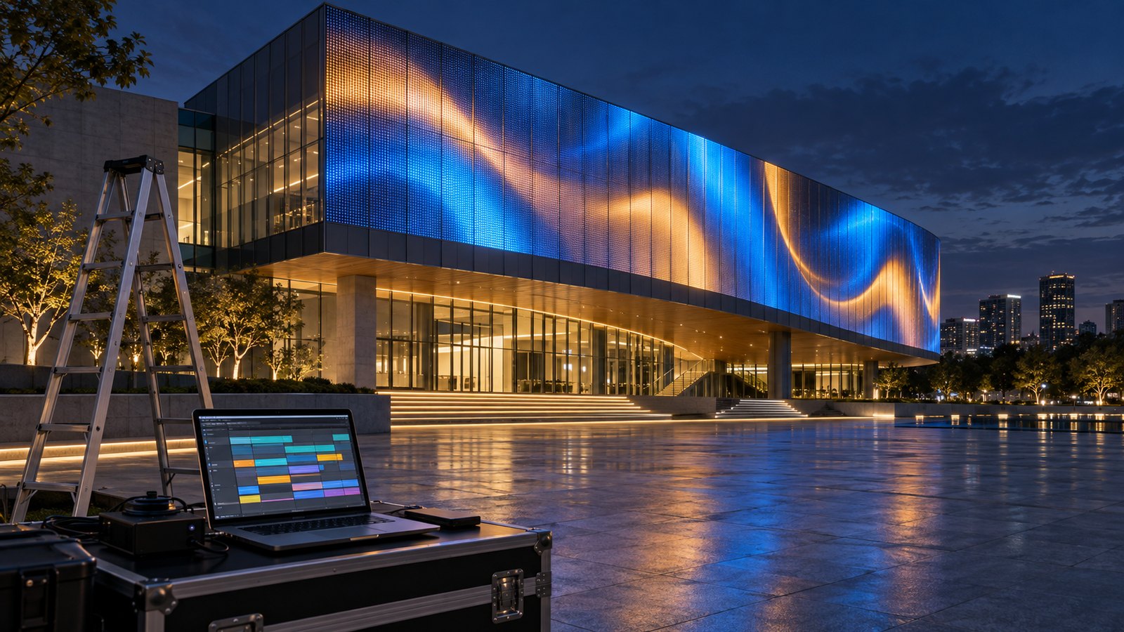 A building facade LED screen lit at night with operating equipment in the foreground