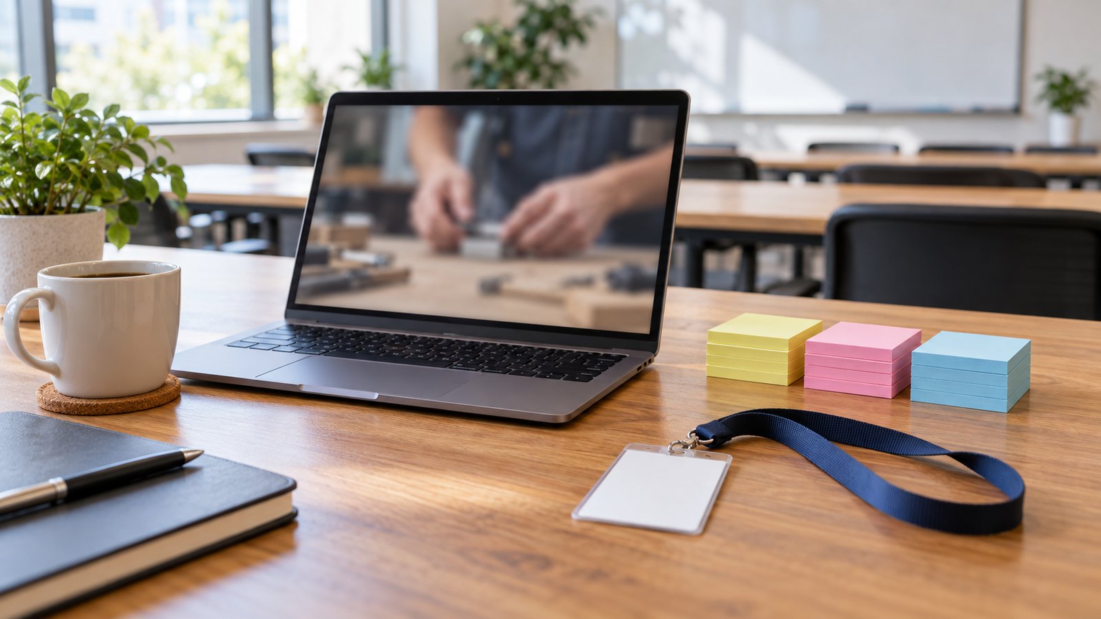 A laptop on a table in a bright training room playing a video of hands at a workbench, with three short columns of blank sticky notes and a new employee badge beside it