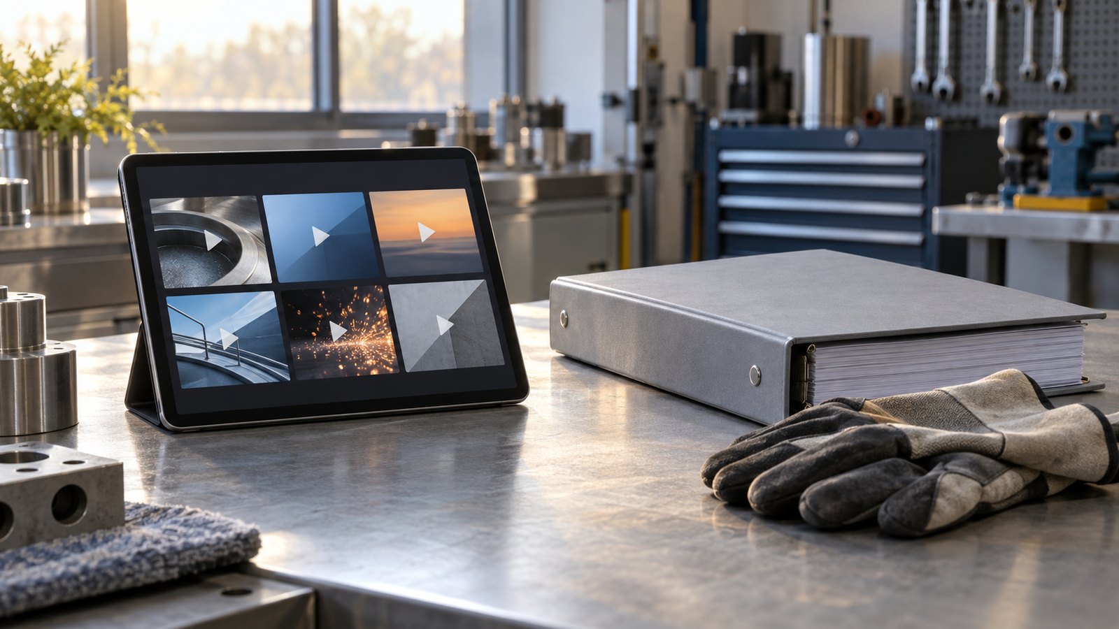 A tablet on a workbench showing a list of short training videos, next to a thick manual binder